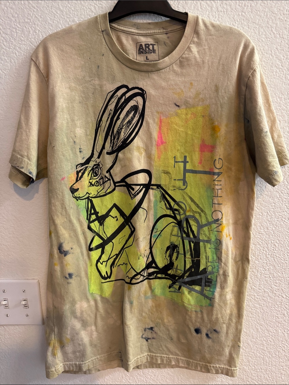 100% Cotton Tye-dye Artsy Beige Graphic T-Shirt with Rabbit Print